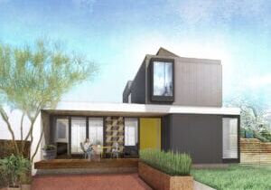 Casa modular contemporánea con patio exterior, grandes ventanas y jardín delantero ajardinado.