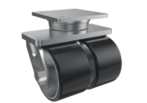 Componente de rueda giratoria de alta resistencia utilizado en sistemas y unidades de construcción modular permanente.